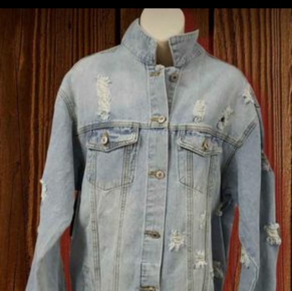 JudyBridal Oversize Denim Jacket for Women Ripped Jean Jacket Boyfriend Long - Picture 4 of 4